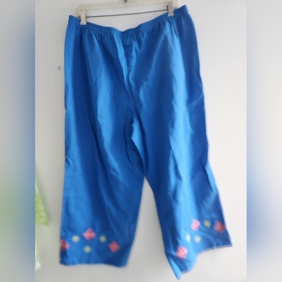 NWT Kim Rogers Blue Linen w/Floral Embroidery Pull On Ankle Pants size Large - Picture 8 of 8